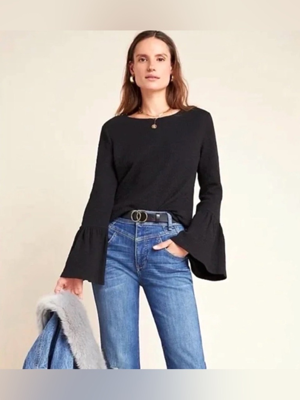 Anthropologie Porridge Clothing Black Bell Sleeve Top Womens Size Small Ribbed